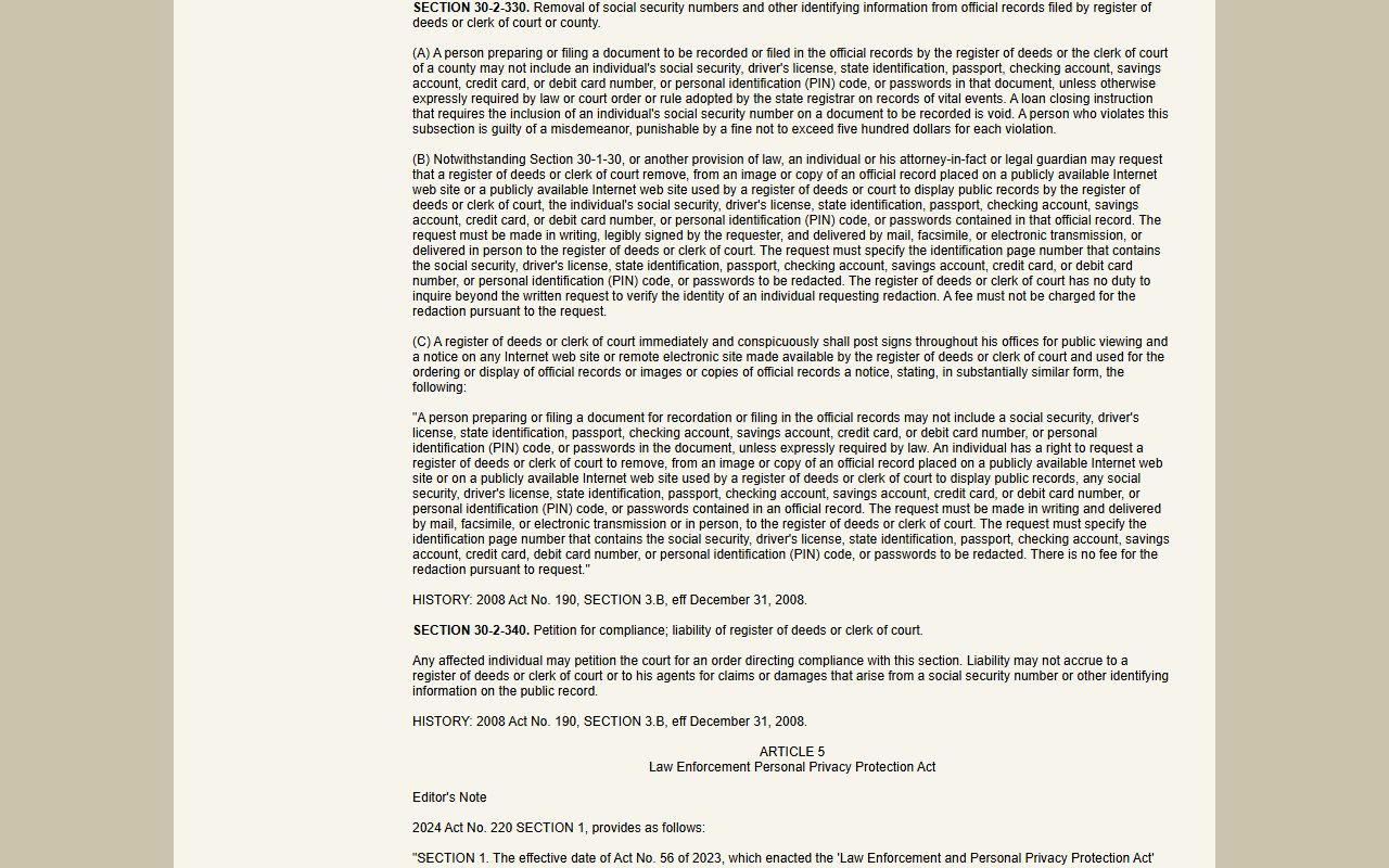 Greenwood County Clerk of Court records redaction statute for personal identifying numbers