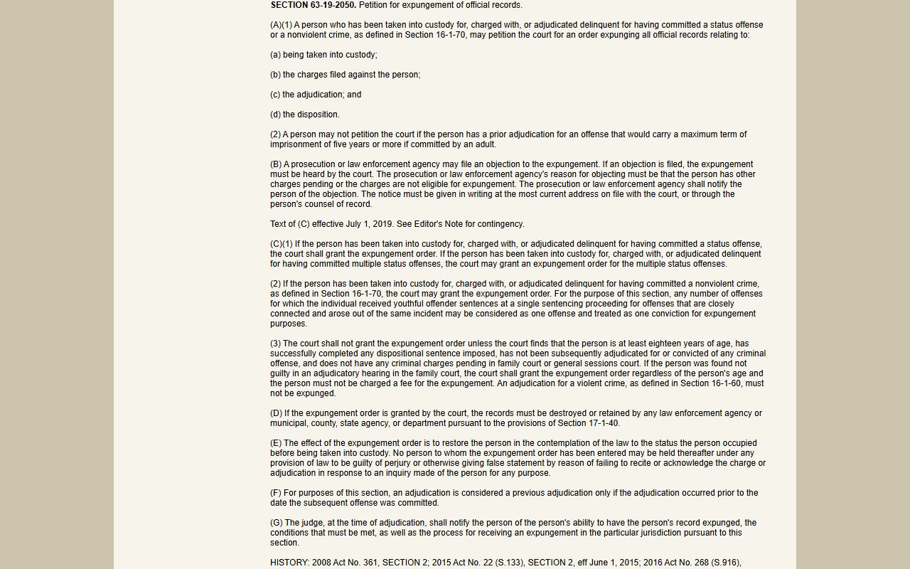 Greenwood County Clerk of Court records juvenile expungement statute