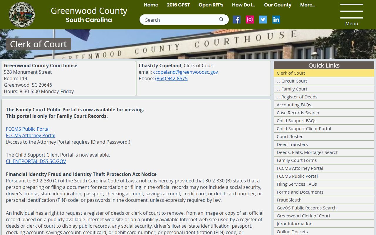 Greenwood County court records Clerk of Court page