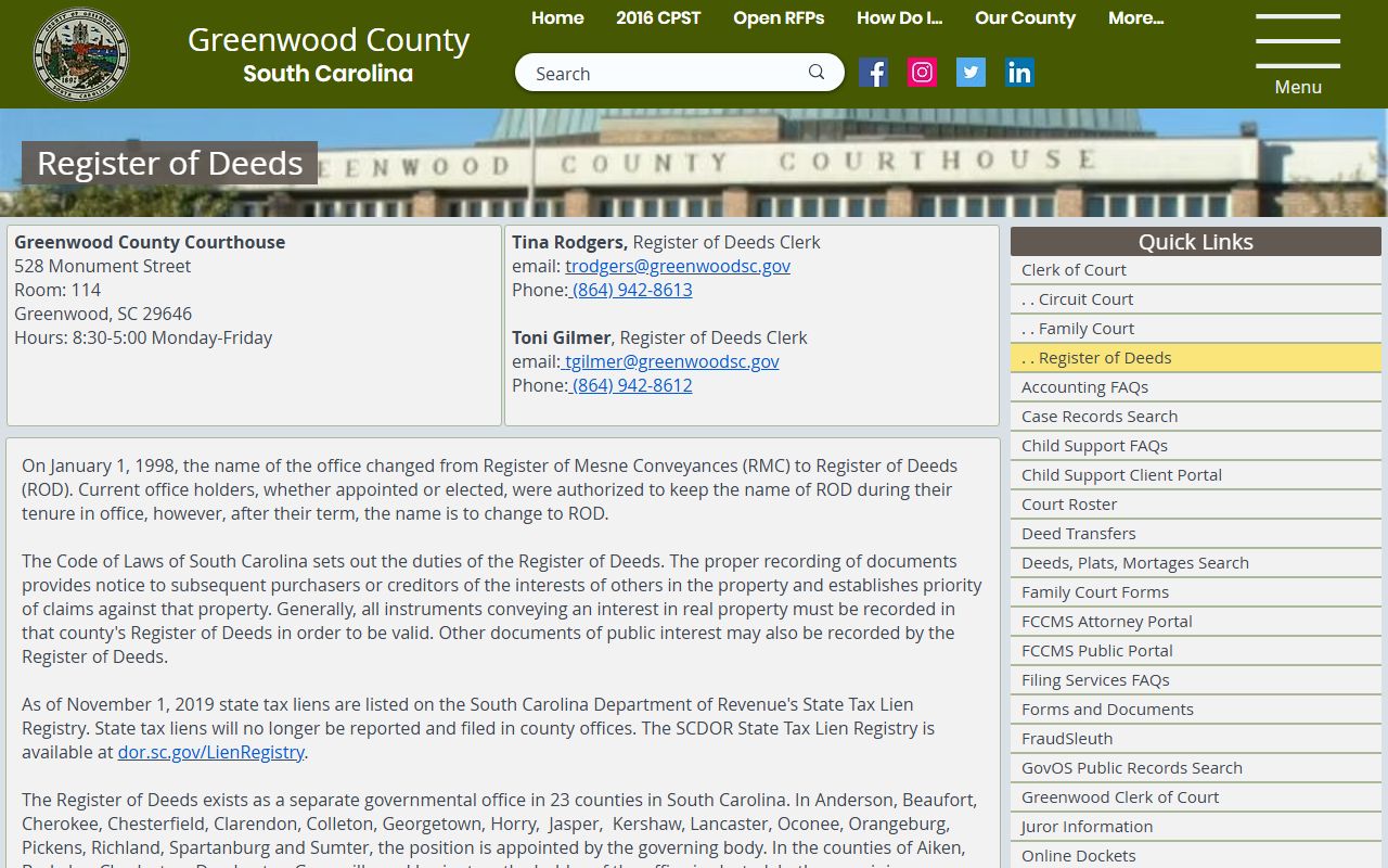 Greenwood County court records Register of Deeds page