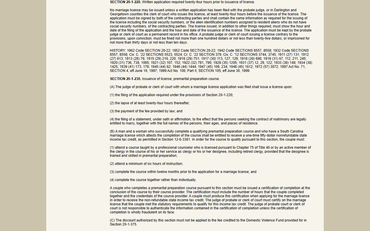 Greenwood County marriage records South Carolina waiting period statute