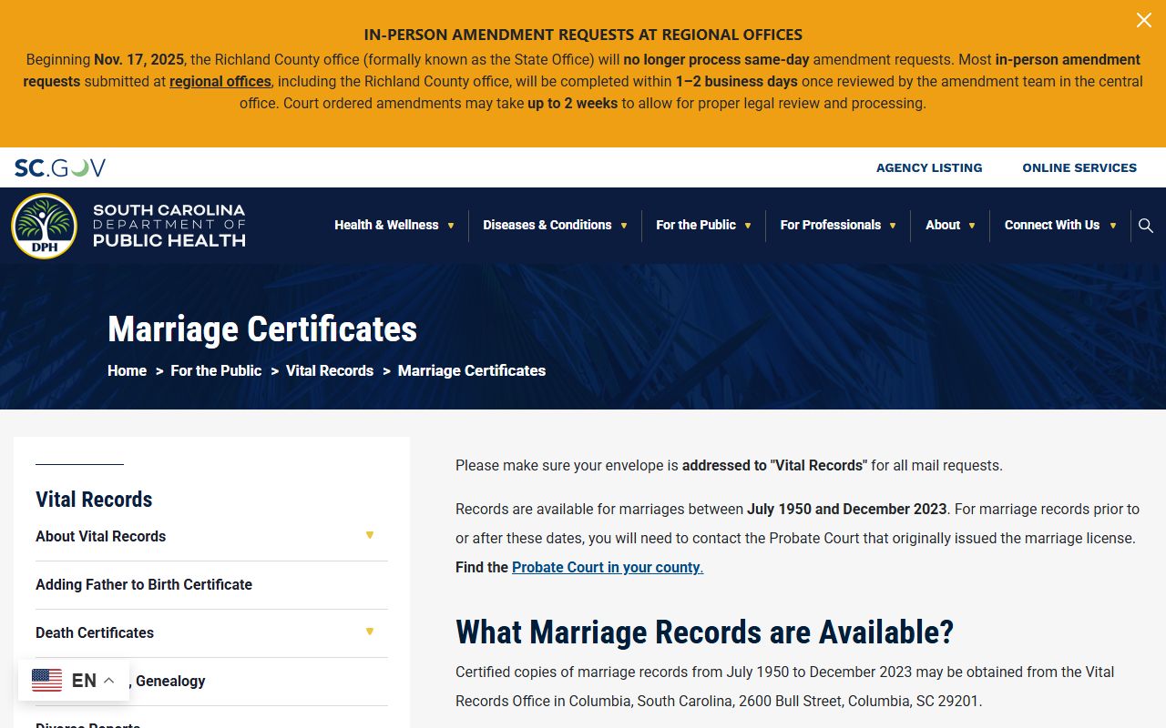 Greenwood County marriage records South Carolina DPH certificate request page