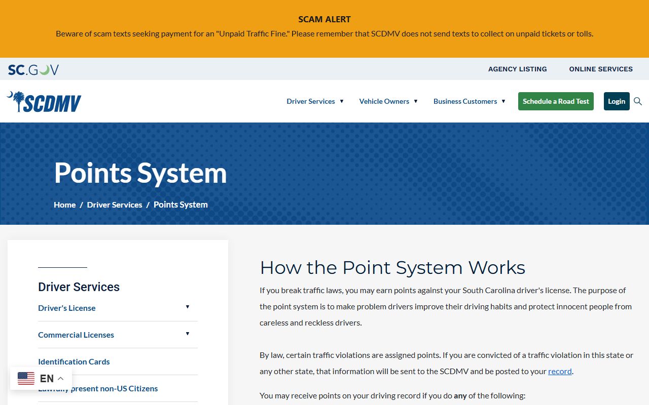 Greenwood County traffic court records SCDMV points system