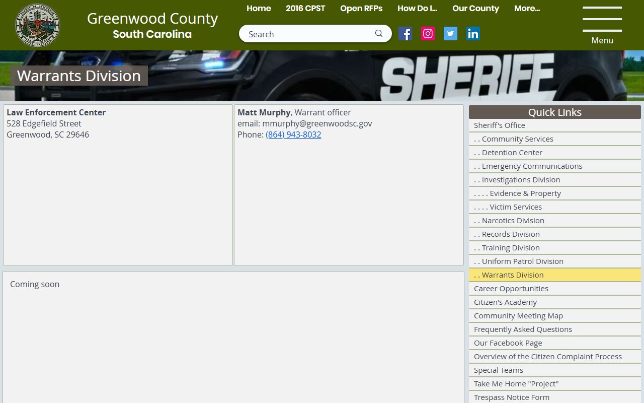 Greenwood County warrant records Warrants Division page