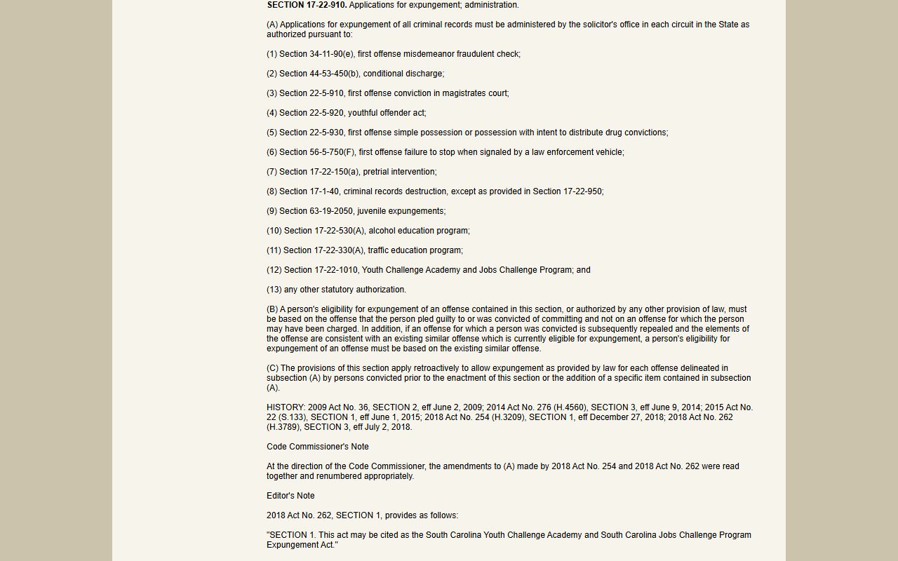 Greenwood County warrant records South Carolina expungement statute
